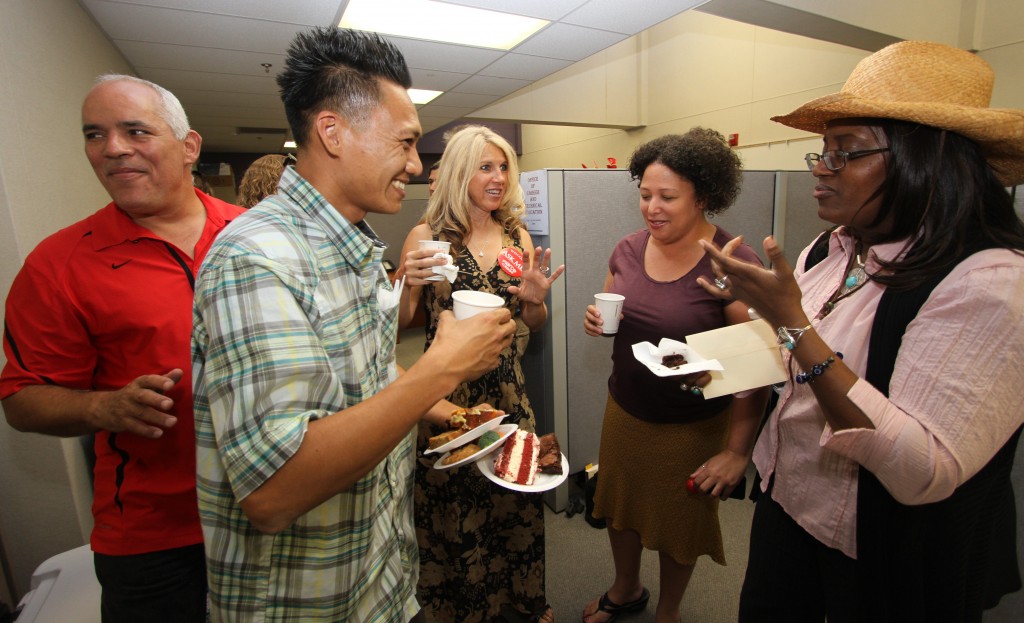 Dean of Academic Affairs, Dr Jacquinita Rose celebrates with colleagues her last day at Pierce College. Photo: Jose Romero