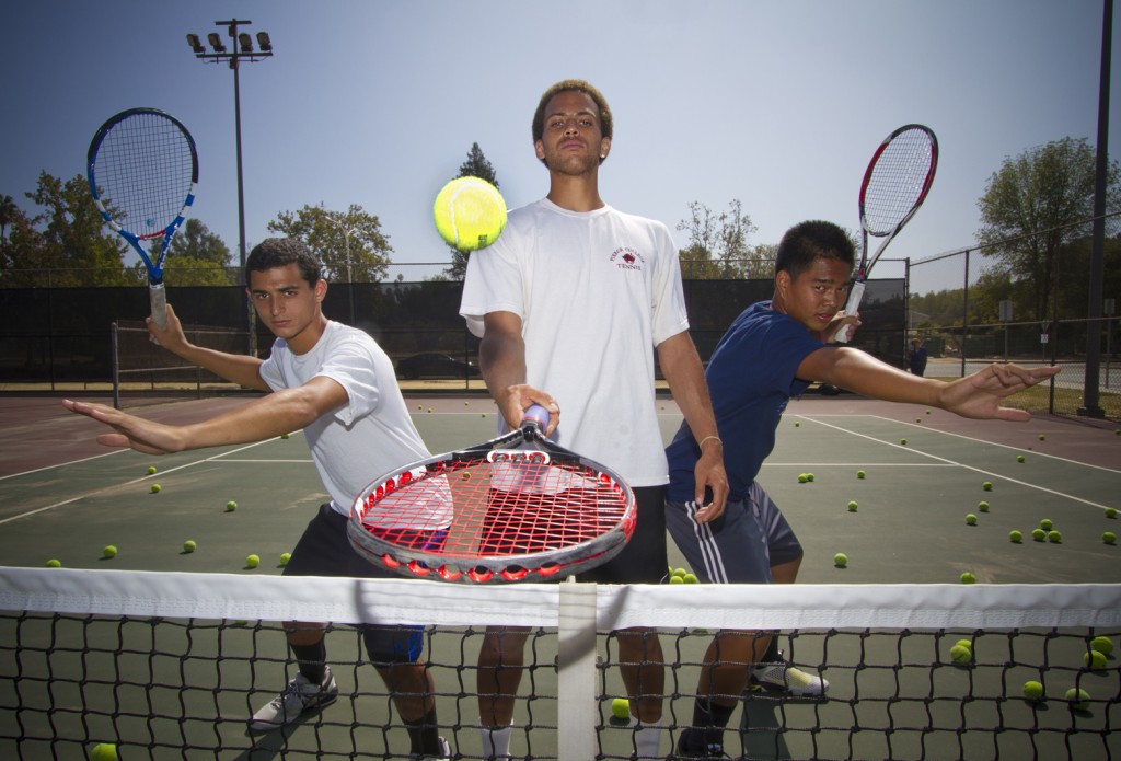 Tennis team athletes David Engelberg, Nathan James Crosby, and Richard Catabona Pose at the tennis court on Monday Sept. 26, 2011. Photo: Jose Romero