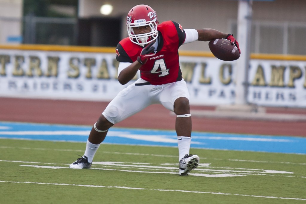 Gerald Bowman returns a kickoff against Moorpark College Sept. 10 2011 at Moorpark College. Gerald completed a 14 yards returned.