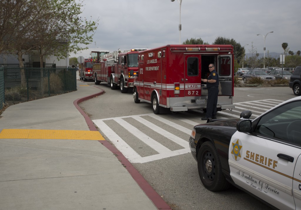 Fire Department and Sheriffs on site at Parking Lot 7 responding to a physical altercation between two Pierce students. At Pierce College in Woodland Hills, Calif., on Wednesday, Feb. 26 2014. 