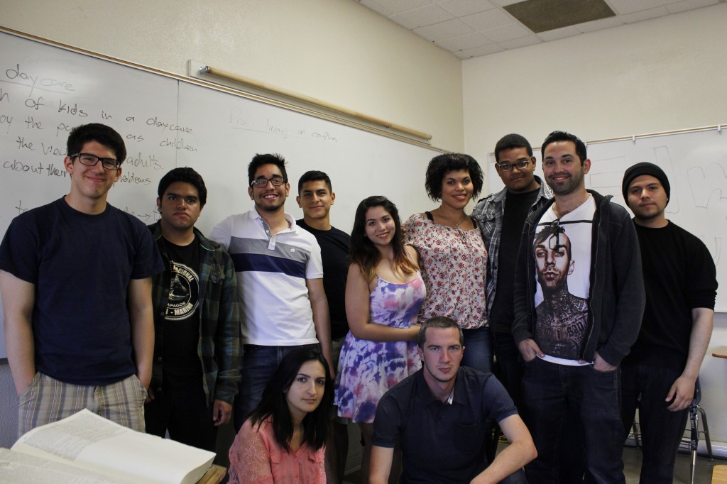 The Pierce College film club consists of members (left to right) (top) Robert Garcia, Edward Rosales, Felipe Martinez, Marlon Rodriguez, Emily Zulveta, Aria Jackson, Aaron Alexander, Jonathan Stein, Tony Perez, (bottom) Rimi Al Hassanieh and Matthew Jones. March 10, 2014, Pierce College, Woodland Hills, Calif. Photo: Nico Heredia.