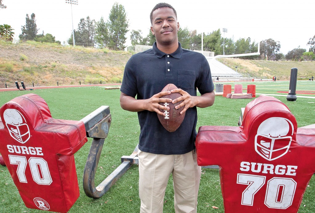 Chris Morgan; formerly of the University of Louisiana in Lafayette, and a 2014 Pierce Brahma’s football player takes a break from his hectic schedule to discuss football at Pierce's Shepard Stadium on May 6, 2014 at Pierce College in Woodland Hills; Calif.   Photo by:; Gina Woodring.