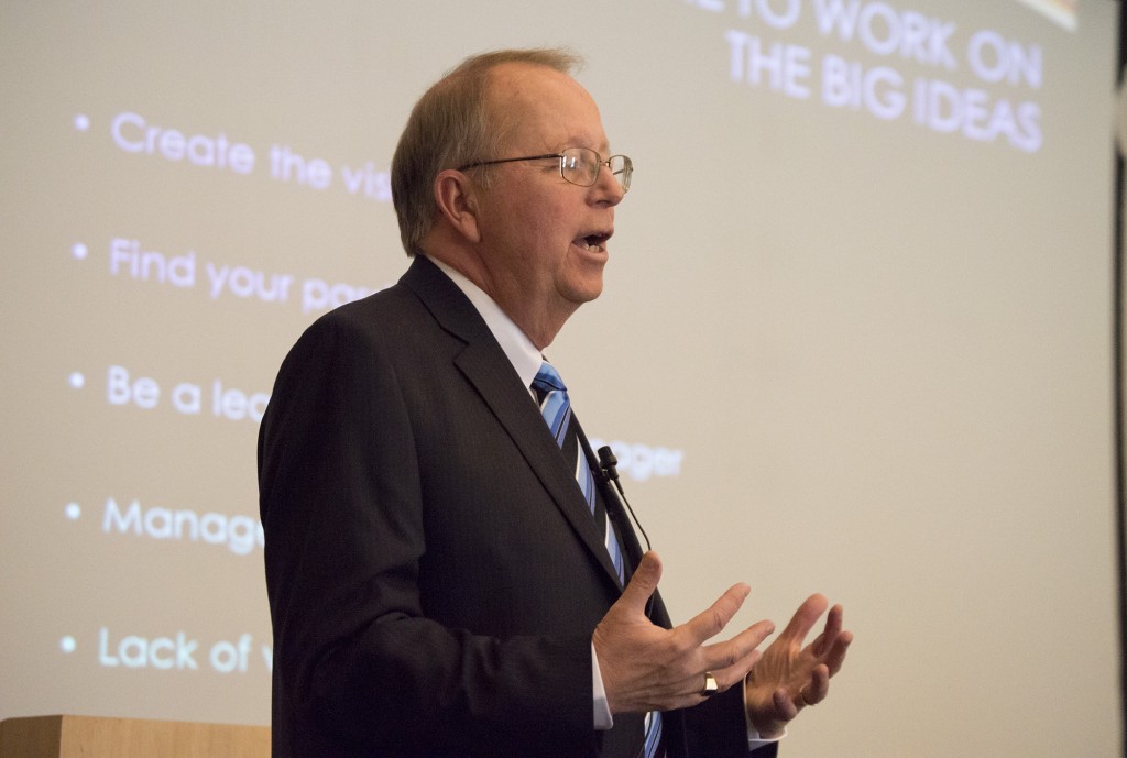 Former Pierce College President, Darroch "Rocky" Young, gives a presentation on leadership in the Great Hall of Pierce College in Woodland Hills, Calif., on Monday, May 5, 2014. Photo: Fidencio Marin