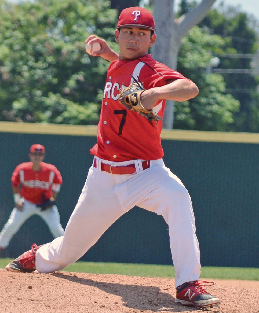 Harsa Aditya pitches in the 3nd inning for Pierce College, he would get the win in a 3 -1 victory for Pierce over Cerritos College on May 3rd in Cerritos, Calif. James H Channell the Roundup News