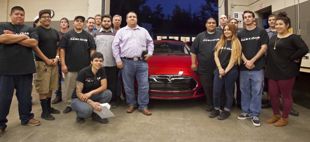 Members of the F.A.S.T. Club and representatives of Tesla Motors pose for a photo during Tesla's visit on campus. Thursday May 29, 2014. Photo: Mohammad Djauhari