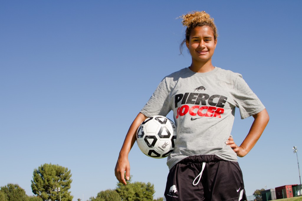 Paige Wolny striker for Pierce Women Soccer team, poses for a Photo during team practice. Wolny who live in Saudi Arabia for 10 years, is the teams' top scorer, at Woodland Hills. Calif. on Sept 17, 2014. Photo by Erick Ceron.