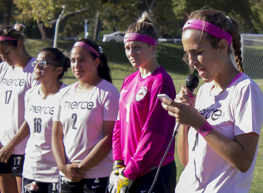 Marrisa Albano, # 7, makes her speech for the Cancer Awareness Game on the Pit, in Woodland Hills, Calif., 21 Oct., 2014. The game was between Pierce College Brahamas and Oxnard College Condors. Photo: Andre Alcazar
