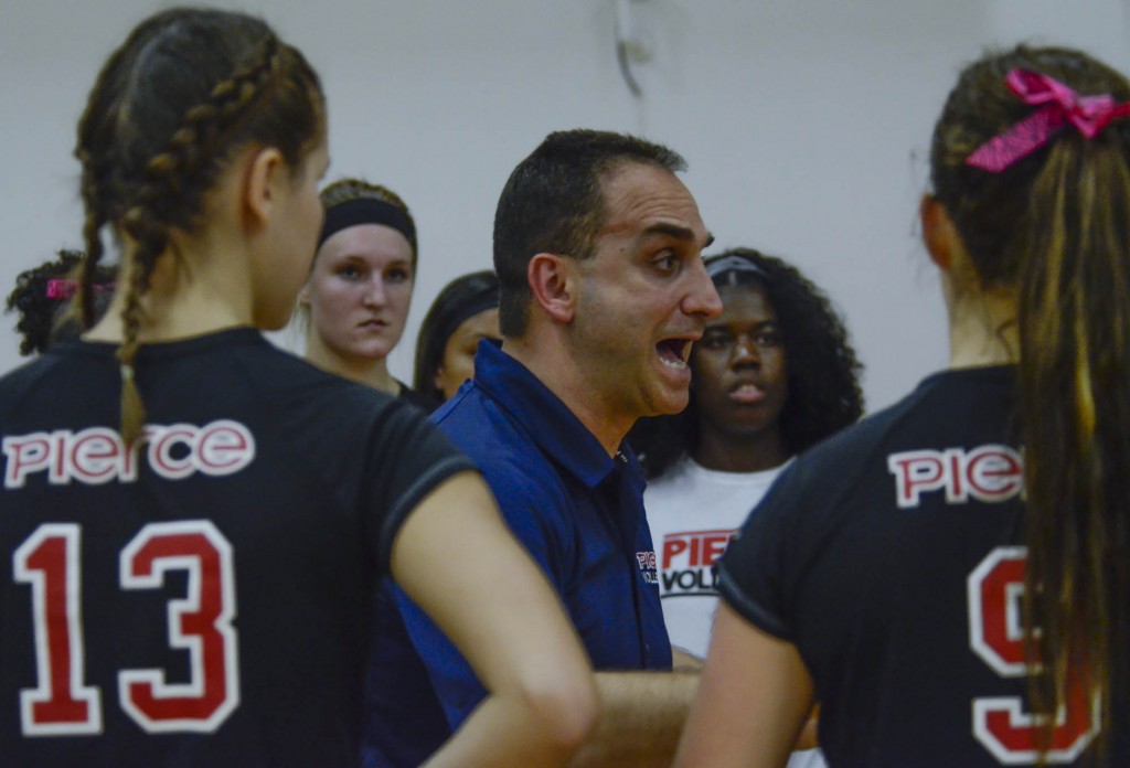 Head Coach, Nabil Mardini talks to his team during timeout at their home game versus Santa Barabara City College in Woodland Hills, Calif. Photo by: Stacy Soriano