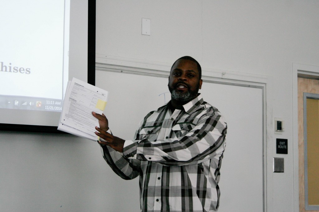 Adjunct instructor of business administration Norris Dorsey talks about how to create a business at the Entrepreneur Training Workshop on Nov. 21, 2014, at Pierce College, Woodland Hills Calif.