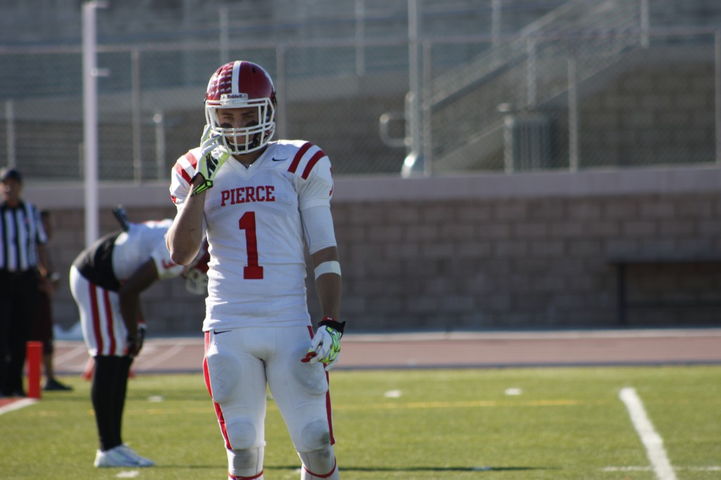 Wide receiver Bryson Martinez waits for his next play at Antelope Valley College. Photo by Megan Moureaux 