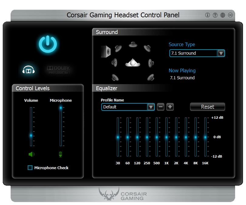 Corsair's Gaming Headset Control Panel is a one-page interface with access to Dolby Headphone settings, volume and mic levels and equalization. Screenshot by Seth Perlstein.