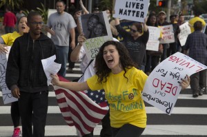 Krista Fonseca, biology major at Pierce College, leads the San Fernando Valley Walks for Justice protest to raise awareness of police brutality and racial profiling. The protesters walked on Ventura Blvd. from Sherman Oaks to Van Nuys on Dec. 8, 2014.
