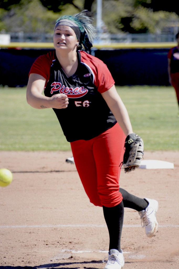 Katelyn Vogler of the Pierce College Women's Softball team pitching against San Bernardino Valley College on March 6th, 2015, 12pm game.  Woodland Hills, Calif. Photo by: Scott Aaronson