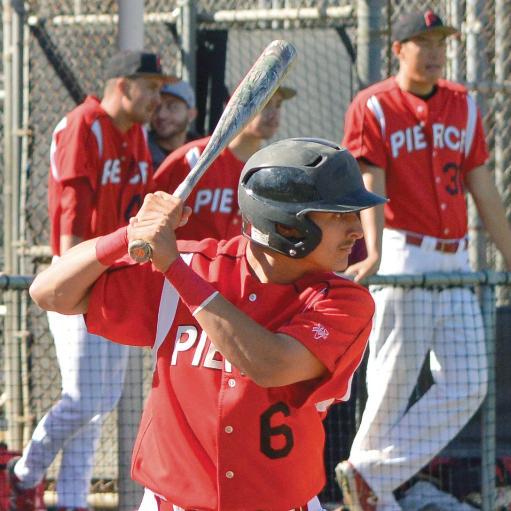 Pierce College vs. Santa Barbara Baseball Game, Pierce player #6, strikes his pose for the swing, at Pierce College Joe Kelly Baseball Field in Woodland Hills, Calif, on Thursday March 5, 2015, at 2:00pm, keeping his body still helps him focus for the hit, he has his legs ready in position with both hands on the baseball bat. (Photo by: Andrew Caceres)