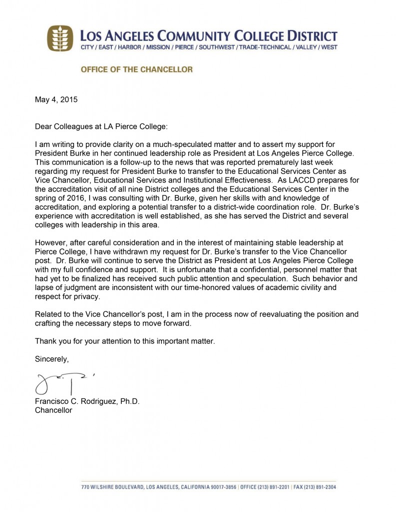 Chancellor Note to Pierce College