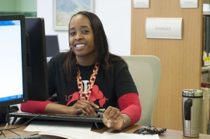 New librarian, Lisa Valdez works at the information desk at the Library / Learning Crossroads on Sept. 9, 2015 at Pierce College in Woodland Hills, Cali. Photo by: Christopher Mulrooney