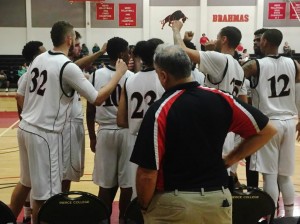 Pierce College's men's basketball team huddle up on the sideline before taking the court to go up against Santa Barbara City College's Vaqueros in a home game on Wednesday, Jan. 27, 2016 in Woodland Hills, Calif. Photo: Mitch Nodelman