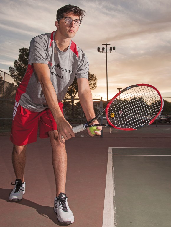 Anthony Avakian was an accomplished swimmer in high school before a car accident left him in a coma. He now plays tennis for Pierce. Avakian prepares for a serve on the tennis court of Pierce College in Woodland Hills, Calif. on Monday, March 22. Photo: Mohammad Djauhari
