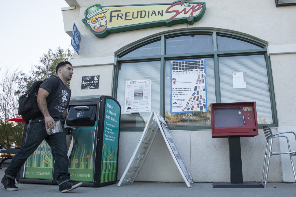 Engineering major Walter Moreno, 25, walks in front of the Freudian Sip on Thursday, Feb. 25, 2016 in Woodland Hills, Calif. The Student Store plans to rebrand the Freudian Sip this semester and the new, unnamed cafe will open sometime during the Summer. Photo: Mohammad Djauhari