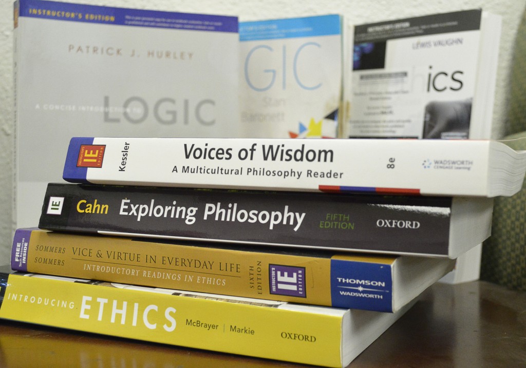 These Philosophy books sit in Professor Cara Gillis' bookshelf in Faculty Office 2603 at Pierce College on Wednesday, March 30, 2016 in Woodland Hills, Calif. Professors are prohibited from selling these books as specifically printed on these books. Photo: Laura Chen