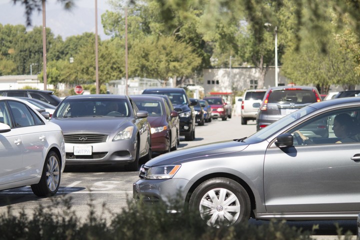 Traffic jam in Parking lot 1 on Aug. 30, 2016, as people rush to look for a  spot before class starts. Woodland Hills, Calif. Photo by Amy Au