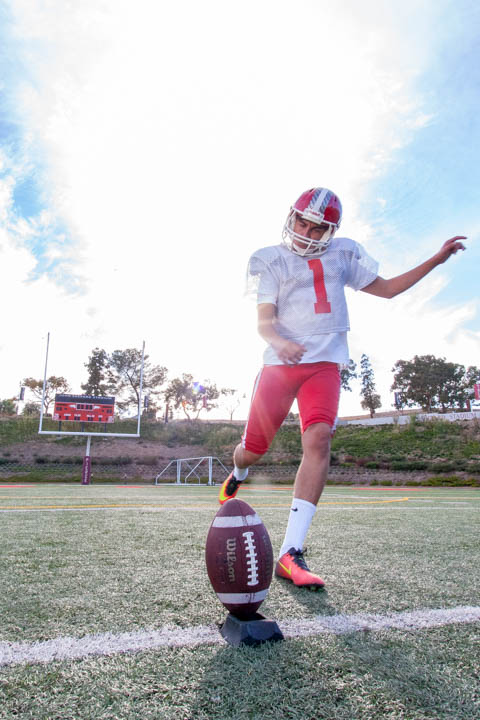 Kevin Robledo, freshman kicker for the Pierce College football team, is 10 for 12 in field goals this season and the team's leading scorer. The economics major hopes to transfer to a Division 1 college and play in the NFL. Robledo poses for a portrait during practice on October 10, 2016 at Pierce College's John Shepard Stadium in Woodland Hills, California. Photo by Calvin B. Alagot / Roundup