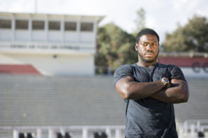 Isaiah Staton stands in John Shepard Stadium on Monday Nov, 21, 2016 at Pierce College in Woodland Hills, Calif. Staton moved from Philidelphia to pursue his dreams of moving on to a division I university and eventually the National Football League. Photo by Taylor Arthur